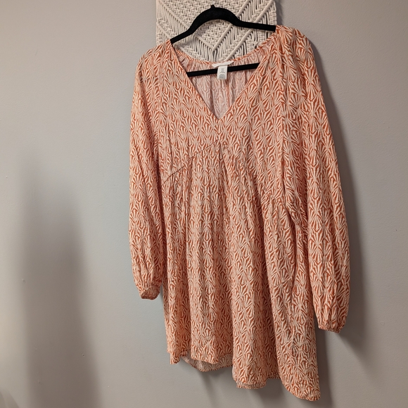 H&M Orange Cream Patterned Long Sleeve Baby doll V Neck Dress Medium - Picture 3 of 9